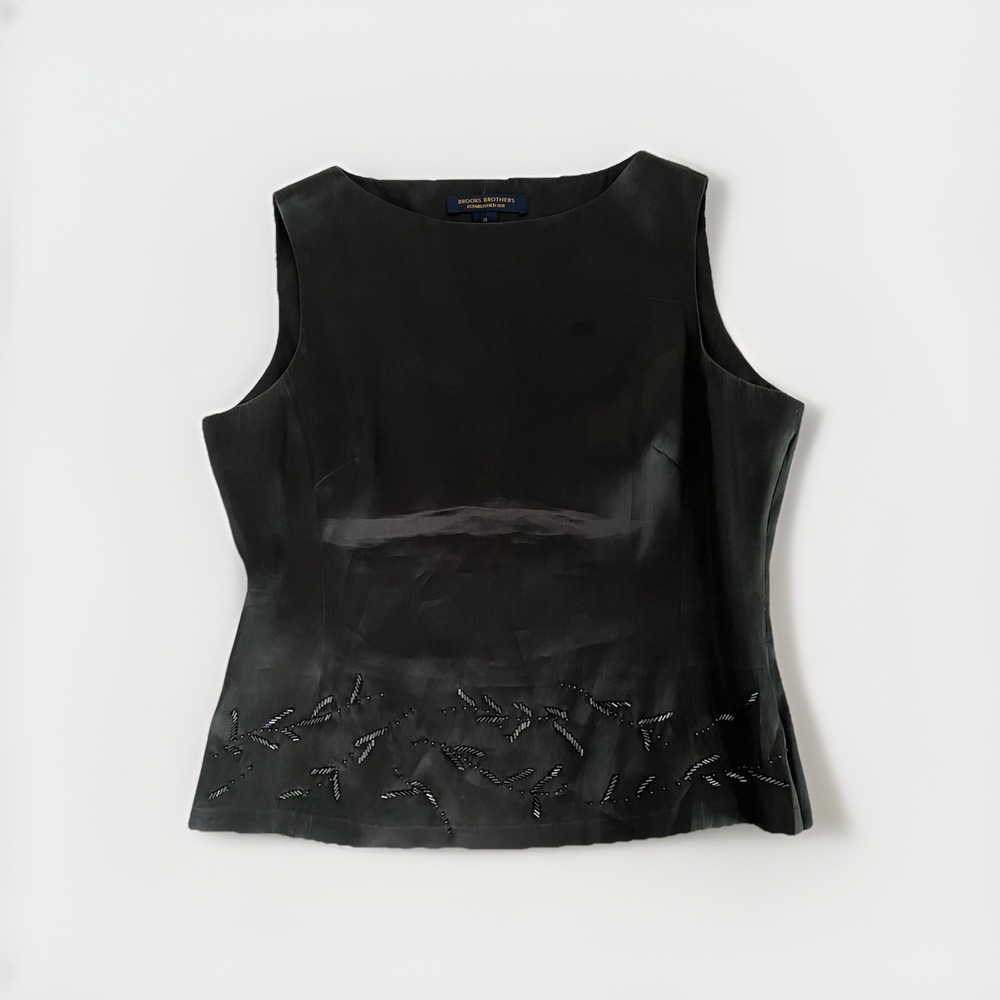 Brooks Brothers Top Womens Beaded Shiny Black Satin Sleeveless Silk Tank 14